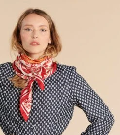 Carré En Twill De Soie MOURIES Block Print Orange Et Rouge 90 X 90 Cm