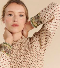 Blouse Smockée ADORÉE Libellule écru Et Rouge -Mode Vêtements Magasin blouse adoree libellule