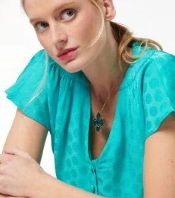 Blouse CELIE Jacquard Fleur D'Arles Turquoise -Mode Vêtements Magasin blouse celie