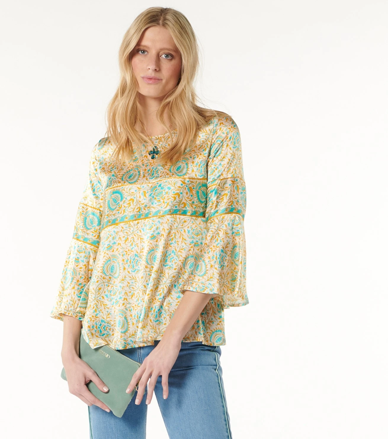 Blouse GINETTA Sault Ocre Turquoise 5 Blouse GINETTA Sault Ocre Turquoise – Image 5