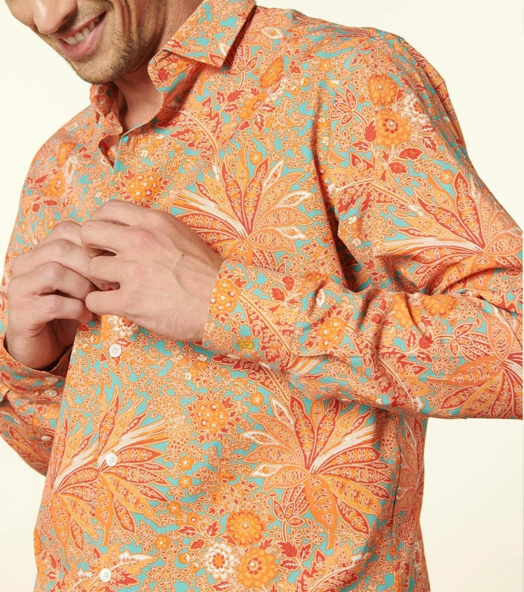 Chemise SLIM Fleurs De Nimes Turquoise Orange 5 Chemise SLIM Fleurs De Nimes Turquoise Orange – Image 5