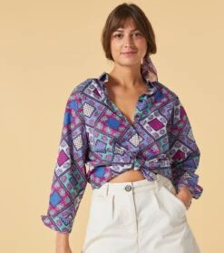 Chemise LENA Patch Fleur Fuchsia Lavande -Mode Vêtements Magasin chemise lena patch fleur.1