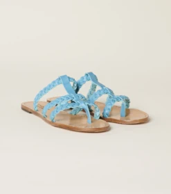 Mules Tressées MADALENA Cuir Turquoise -Mode Vêtements Magasin mules madalena