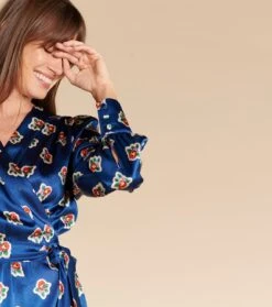 Robe ISIS Printemps En Satin De Soie Marine Et écru