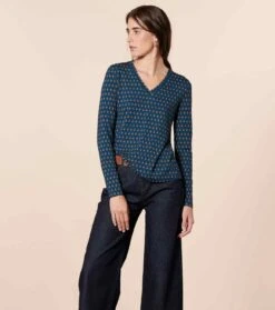 T-Shirt CERISETTE Petit Scarabée Marine Caramel -Mode Vêtements Magasin top cerisette scarabee